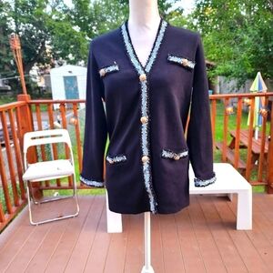 Navy Blue women's four Pockets Jacket button Down Sweater Fits L